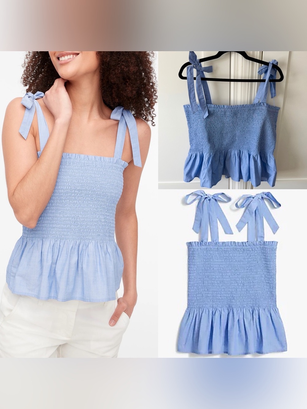 J. Crew Factory Smocked Tie-Shoulder Tank Top Blue Sz XXL